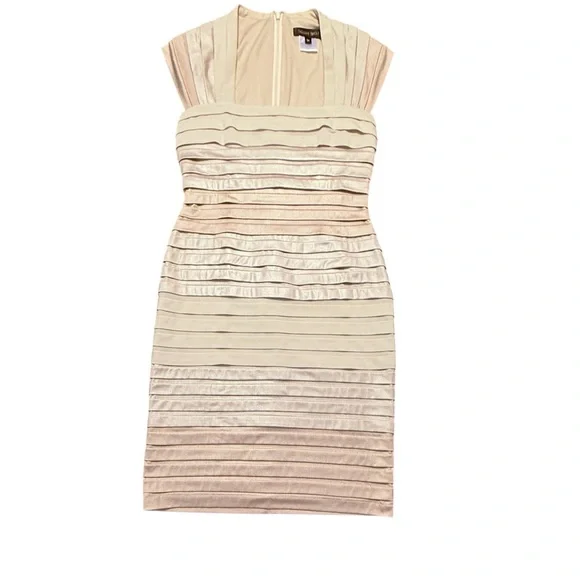 Tadashi Shoji Cap Sleeve Gold/Cream Shutter Pleat Ombre Midi Dress Medium $295 - Picture 3 of 12